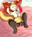  anthro balls bed bedding blanket blush breasts butt canid canine digital_media_(artwork) female fennec fluffy fox fur furniture genitals hair hi_res hzfow mammal nipples nude on_bed open_mouth pillow presenting presenting_hindquarters pussy sex simple_background smile solo tail white_body 