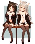  2girls animal_ear_fluff animal_ears between_legs black_footwear black_hair black_shirt black_skirt black_thighhighs brown_eyes camisole cat_ears cat_girl full_body grey_hair hand_between_legs legs long_hair looking_at_viewer luckyeldayo miniskirt multiple_girls navel open_clothes open_mouth open_shirt original shirt shoes sitting sitting_on_table skirt smile strap_slip table thighhighs thighs white_camisole zettai_ryouiki 