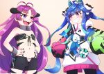  2girls @_@ ahoge animal_ears antenna_hair aqua_hair artist_name bandeau bare_shoulders black_bandeau black_horns black_leggings black_nails blue_hair blush blush_stickers bow broken broken_chain chain chained_wrists collar commentary_request cowboy_shot crossed_bangs cuffs demon_girl demon_horns eye_contact flat_chest front-tie_top grin hair_bow hands_on_own_hips heterochromia highleg highleg_panties highres hood hoodie horns horse_ears horse_girl horse_tail kishirika_kishirisu leggings light_brown_background long_hair looking_at_another metal_collar mismatched_pupils multicolored_clothes multicolored_hair multicolored_hoodie multiple_girls mushoku_tensei nail_polish navel open_mouth panties partial_commentary poko_(user_rjdg5478) purple_eyes purple_hair purple_pupils ribs sharp_teeth short_shorts shorts sidelocks signature simple_background smile stomach strapless striped striped_bow stuffed_animal stuffed_rabbit stuffed_toy tail teeth twin_turbo_(umamusume) twintails two-tone_hair umamusume underwear v-shaped_eyebrows very_long_hair 