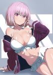  1girl bikini blush bow breasts cleavage frilled_bikini frills good_meat_day gridman_universe highres jacket kamidan large_breasts long_sleeves looking_at_viewer navel off_shoulder pink_hair purple_jacket red_eyes shinjou_akane shiny_skin short_hair sitting smile solo ssss.gridman swimsuit white_bikini 