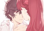  1boy 1girl absurdres amamiya_ren black_hair bow closed_mouth collared_shirt couple grey_eyes hair_between_eyes hair_bow hand_on_another&#039;s_shoulder hetero highres long_hair looking_at_another persona persona_5 persona_5_the_royal ponytail red_bow red_hair shirt short_hair sketch smile tsubsa_syaoin white_shirt wing_collar yoshizawa_kasumi 