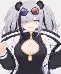  1girl :d arknights bare_shoulders black_dress black_hair blue-tinted_eyewear blush breasts china_dress chinese_clothes cleavage cleavage_cutout clothing_cutout dress eyes_visible_through_hair eyewear_on_head feater_(arknights) grey_hair hair_over_one_eye highres jacket large_breasts long_hair long_sleeves looking_at_viewer multicolored_hair official_alternate_costume open_clothes open_jacket open_mouth red-tinted_eyewear risshu simple_background smile solo streaked_hair sunglasses tinted_eyewear twintails two-tone_hair upper_body white_background white_jacket yellow_eyes 