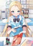  1girl apron barcode_scanner blonde_hair blue_apron blue_archive blue_eyes blush bow bowtie convenience_store forehead halo highres holding holding_magazine id_card looking_at_viewer magazine_(object) mi_taro333 mini_wings open_mouth part_time_job pornography shop solo sora_(blue_archive) store_clerk striped striped_bow striped_bowtie white_wings wings 