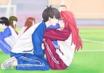  1boy 1girl absurdres ahoge black_hair blue_eyes blue_track_suit blurry blurry_background blush couple crossed_arms day exercise eye_contact from_side full_body go-toubun_no_hanayome hair_between_eyes hair_ornament hetero highres holding_legs imminent_kiss leaning_forward lips long_hair looking_at_another nakano_itsuki nose outdoors parted_lips profile red_hair red_track_suit shoes short_hair sit-up sitting sneakers soccer_field star_(symbol) star_hair_ornament sweatdrop tiptoes track_suit tsubo_hana_007 uesugi_fuutarou wariza white_footwear wide-eyed yellow_eyes 