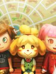  1boy 2girls animal_crossing animal_ears bellhenge bench black_shirt blunt_bangs blush_stickers bow bowtie brown_eyes brown_hair buttons camouflage camouflage_pants closed_mouth collared_shirt deviantart_username dog dog_ears dress english_commentary eyelashes furry furry_female green_eyes green_skirt green_vest hands_on_lap indoors isabelle_(animal_crossing) jacket layered_sleeves long_hair long_sleeves map_background miniskirt multiple_girls nintendo open_mouth pants pencil_skirt pink_hair plaid plaid_vest pocket ponytail red_bow red_bowtie red_jacket red_trim shirt short_ponytail short_sleeves side-by-side sitting skirt sleeve_bow smile t-shirt vest villager_(animal_crossing) white_dress white_shirt 