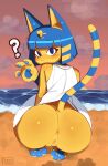  4_fingers absurd_res accessory animal_crossing ankha_(animal_crossing) anthro beach big_butt blue_body blue_fur blue_hair blue_pawpads blush bodily_fluids bottomless butt clothed clothing detailed_background domestic_cat dress dripping egyptian eyelashes felid feline felis female fingers fur genital_fluids genitals gesture hair hair_accessory hi_res huge_butt kneeling looking_at_viewer looking_back mammal markings multicolored_body multicolored_fur nintendo on_ground pawpads plump_labia presenting presenting_hindquarters pubs_(artist) puckered_anus pussy pussy_juice pussy_juice_drip pussy_juice_string question_mark raised_tail rear_view seaside signature solo striped_markings striped_tail stripes tail tail_markings two_tone_body two_tone_fur waving waving_at_viewer waving_hand yellow_body yellow_fur 