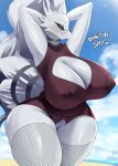  2023 anthro big_breasts big_butt breasts butt clothing eyewear eyewear_on_head female fishnet fishnet_legwear generation_5_pokemon genitals glasses glasses_on_head hi_res huge_butt legendary_pokemon legwear nintendo pokemon pokemon_(species) reshiram sana!rpg solo thick_thighs 