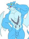  abs anthro balls bandai_namco biceps blue_body blush deltoids digimon digimon_(species) dragon exveemon flaccid foreskin genitals horn humanoid_genitalia humanoid_hands humanoid_penis looking_at_viewer male muscular muscular_anthro muscular_male nude pecs penis quads red_eyes scalie simple_background smile solo solo_focus vein veiny_penis white_background wings yongback00 