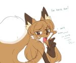  anthro averi_(fiddleafox) brown_body brown_eyes brown_fur canid canine dipstick_tail english_text female female_anthro fiddleafox fox fur gloves_(marking) hair leg_markings looking_at_viewer mammal markings socks_(marking) solo tail tail_markings text white_body white_fur 