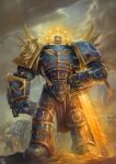  6+boys armor armored_boots blonde_hair blue_armor bolter boots breastplate cloud cloudy_sky flaming_sword flaming_weapon full_armor gauntlets glowing glowing_eyes gold_trim greaves halo helmet holding holding_sword holding_weapon imperium_of_man looking_at_viewer metal_wings multiple_boys no_pupils ornate ornate_armor pauldrons power_armor primarch purity_seal ricardomunoz roboute_guilliman short_hair shoulder_armor sky solo_focus space_marine sword vambraces warhammer_40k weapon white_eyes 