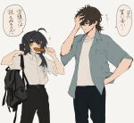  1boy 1other ahoge backpack bag belt black_belt black_hair black_pants brown_eyes contemporary eating facepalm fate/samurai_remnant fate_(series) hand_on_own_hip highres miyamoto_iori_(fate) pants saber_(fate/samurai_remnant) shirt skewer white_shirt yumeko_(fgo39625963) 