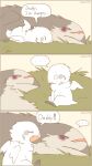  age_difference anthro avian beak bird comic dialogue digital_media_(artwork) ellipsis eyes_closed feathers female grey_body grey_feathers hi_res humanoid male nest pegu2726 procellariiform scar simple_background speech_bubble tail white_body white_feathers wings young younger_female 