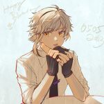  1boy black_gloves black_necktie bungou_stray_dogs collared_shirt dated fingerless_gloves food gloves hands_up happy_birthday holding holding_food kleinlight male_focus nakajima_atsushi_(bungou_stray_dogs) necktie open_mouth shirt short_hair sleeves_rolled_up smile solo upper_body white_background white_hair white_shirt yellow_eyes 
