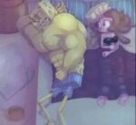  anonymous_artist anthro bed biceps black_clothing black_topwear blue_boxers blue_clothing blue_underwear bodily_fluids boxers_(clothing) breasts clothed clothing crying duo eyes_closed female furniture lying male male/female muscular muscular_male nickelodeon partially_clothed purple_body purple_skin sad spongebob_squarepants spongebob_squarepants_(character) tears topwear underwear yellow_body 