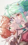  2girls arakan bare_shoulders benten_(urusei_yatsura) blush brown_eyes cheek-to-cheek collarbone double_v floating_hair green_eyes green_hair grey_background hair_behind_ear hair_bun heads_together highres horns long_hair looking_at_viewer lum multiple_girls orange_nails pink_lips pointy_ears portrait red_hair red_shirt shirt sidelocks single_hair_bun smile urusei_yatsura v v-shaped_eyebrows 