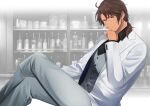  1boy absurdres belmond_banderas black_shirt bottle brown_eyes brown_hair choco_(chocovix112) collared_shirt crossed_legs cup dress_shirt drinking_glass feet_out_of_frame formal grey_pants grey_vest hair_between_eyes hair_over_shoulder highres jacket low_ponytail male_focus nijisanji open_clothes open_jacket pants parted_bangs ponytail shirt solo suit thick_eyebrows vest virtual_youtuber white_jacket 