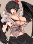  1girl absurdres bikini bird_wings black_bikini black_hair black_skirt black_wings blush breasts brown_background cleavage commentary_request fellatio_gesture hat highres huge_breasts looking_at_viewer micro_bikini pom_pom_(clothes) red_eyes red_headwear shameimaru_aya shirt short_hair short_sleeves simple_background skirt solo swimsuit tokin_hat tongue tongue_out touhou variant_set washiwa white_shirt wings 