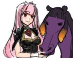  animalization black_hair black_shirt blunt_bangs breasts cleavage cleavage_cutout closed_mouth clothing_cutout gradient_hair hololive hololive_english horse lewdishsnail long_hair medium_breasts mori_calliope multicolored_hair ninomae_ina&#039;nis orange_hair pink_hair red_eyes shirt simple_background sketch smile virtual_youtuber white_background 