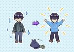  1boy animal black_cat black_eyes black_hair black_pants black_shirt blue_background blue_hoodie brown_footwear cat chibi closed_mouth commentary_request ensemsultang eoduun_badaui_deungbul-i_doeeo grey_pants hood hood_down hoodie korean_commentary looking_at_viewer male_focus pants park_moo-hyun polka_dot polka_dot_background shirt short_hair simple_background smile snake solid_circle_eyes standing striped striped_shirt vertical-striped_shirt vertical_stripes 