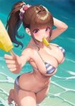  1girl absurdres akihiro0920 arched_back arm_up bare_legs barefoot bikini blue_bikini blunt_bangs blurry blush breasts brown_hair cleavage collarbone commentary_request day depth_of_field feet food_in_mouth hair_ornament hair_scrunchie highres holding_popsicle long_hair looking_at_viewer micro_bikini navel o-ring o-ring_bikini ocean original outdoors outstretched_arm ponytail popsicle_in_mouth red_eyes scrunchie skindentation standing striped striped_bikini swimsuit toes wading 
