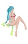  1girl absurdres bare_arms bare_legs bare_shoulders barefoot bikini blue_eyes blue_hair bow breasts cleavage collarbone front-tie_bikini_top front-tie_top full_body gradient_hair green_hair hair_between_eyes hatsune_miku highleg highleg_bikini highres long_hair looking_to_the_side multicolored_hair navel profile red_bow simple_background sitting small_breasts solo swimsuit twintails very_long_hair vocaloid white_background yazawa_yuki 