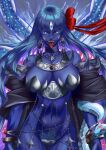  1girl armor bare_shoulders belly_chain bikini_armor blue_eyes blue_skin bracelet breasts cleavage collarbone colored_skin earrings extra_arms fate/grand_order fate_(series) hair_ribbon jewelry kali_(fate) kouichi09 large_breasts long_hair looking_at_viewer navel neck_ring necklace open_mouth revealing_clothes ribbon sash smile snake solo teeth third_eye tongue tongue_out very_long_hair white_hair 