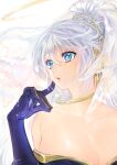  1girl bare_shoulders blue_eyes breasts cleavage collarbone doraeshi elbow_gloves gloves gold hair_between_eyes halo hand_up highres jewelry large_breasts long_hair neck_ring open_mouth original pink_lips ponytail purple_gloves pursed_lips simple_background solo veil white_background white_hair 