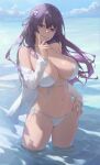  1girl absurdres bare_shoulders bikini breasts cleavage day free_style_(yohan1754) hair_ornament hand_up highres long_hair long_sleeves mole mole_under_eye navel off_shoulder open_clothes original outdoors parted_lips partially_submerged purple_eyes purple_hair side-tie_bikini_bottom smile solo stomach swimsuit thighs v wading water white_bikini 