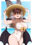  1girl animal_ears bat_ears bat_wings blush breasts brown_eyes brown_long-eared_bat_(kemono_friends) cleavage collarbone drias grey_hair hat highres holding holding_clothes holding_hat kemono_friends large_breasts long_hair looking_at_viewer navel ocean open_mouth ribbon sky solo straw_hat sweat thick_thighs thighs wings 