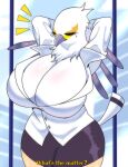  absurd_res accipitriform aggressive_retsuko anthro avian beak big_breasts bird bottomwear breasts cleavage clothed clothing dress_shirt english_text eyes_closed female haiyan hands_behind_head hi_res huge_breasts markings mole_(marking) non-mammal_breasts question_mark sanrio secretary_bird secretary_washimi shirt skirt solo text topwear white_body 