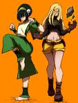  2girls absurdres avatar:_the_last_airbender avatar_legends barefoot black_hair black_shirt blind blonde_hair boots brown_footwear brown_gloves crossover dc_comics full_body gloves glowing glowing_eyes hair_between_eyes hairband highres kekel long_hair midriff multiple_girls navel orange_background rock shirt shorts simple_background standing standing_on_one_leg teen_titans terra_(dc) toph_bei_fong trait_connection yellow_shorts 
