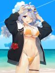  1girl beach bikini black_jacket blue_eyes breasts collarbone day eyewear_on_head flower grey_hair hair_ornament hibiscus highres hokkana jacket kizuna_akari large_breasts long_hair long_sleeves ocean one_eye_closed open_clothes open_jacket open_mouth orange_bikini outdoors red_flower smile solo star-shaped_eyewear sunglasses swimsuit thigh_strap voiceroid water_gun 