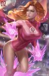  1girl absurdres aqua_eyes artist_name atom_eve bare_legs blurry blurry_background boots breasts covered_navel earrings feet_out_of_frame glass_shards glint highres invincible_(series) jewelry large_breasts leotard long_hair nopeys orange_hair parted_lips pink_footwear pink_leotard print_leotard shadow smile solo superhero watermark web_address 