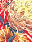  1boy abs arm_up baggy_pants biceps blonde_hair blue_sash blue_wristband bruise bure_(fantasticyouth7) clenched_hand clenched_teeth collarbone commentary_request dragon_ball dragon_ball_super energy glowing glowing_hair green_eyes highres incoming_attack incoming_punch injury looking_at_viewer male_focus muscular muscular_male orange_pants pants pectorals punching red_background sash scratches simple_background solo son_goku spiked_hair teeth topless_male torn_clothes ultra_instinct v-shaped_eyebrows wristband 