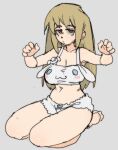  1girl arms_up barefoot blonde_hair breasts cinnamoroll cleavage expressionless full_body grey_background jitome navel original pantsu-ripper pursed_lips red_eyes sanrio seiza sitting solo thick_thighs thighs underwear 