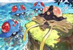  absurdres bucket cloud day grass highres leaf no_humans ocean outdoors pokemon pokemon_(creature) sky sleeping tapioka_chaso tentacles tentacruel toedscruel tree water zzz 