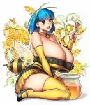  1girl bee_costume black_footwear blue_hair blunt_bangs breasts bursting_breasts choker cleavage detached_sleeves dress earrings erkaz fake_antennae flower full_body hairband highres holding honey huge_breasts insect_wings jewelry looking_at_viewer medium_hair open_mouth original outline red_eyes rina_atherina shoes sitting skindentation smile solo strapless strapless_dress striped striped_dress thighhighs veins veiny_breasts white_outline wings yellow_choker yellow_flower yellow_hairband yellow_sleeves yellow_thighhighs 