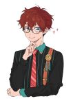  1boy amagi_hiiro aqua_eyes bespectacled closed_mouth diagonal-striped_necktie ensemble_stars! fingernails glasses hands_up kantai_collection keito_lecture_(ensemble_stars!) long_sleeves looking_at_viewer male_focus medallion naihowda official_alternate_costume red_hair shirt short_hair simple_background solo star_(symbol) striped striped_shirt suspenders upper_body vertical-striped_shirt vertical_stripes white_background 