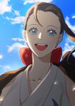  1girl black_hair blue_eyes close-up collarbone commentary eyelashes floating_hair jacket jacket_on_shoulders japanese_clothes kimono looking_to_the_side nico_robin one_piece petals ponytail raine_(acke2445) red_ribbon ribbon single_sidelock sky smile solo teeth upper_body upper_teeth_only white_kimono 