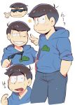  1boy black_hair blue_hoodie finger_gun grin hands_in_pockets heart heart_in_mouth hood hoodie looking_at_viewer male_focus matsu_symbol matsuno_karamatsu multiple_views osomatsu-san sanjiro_(tenshin_anman) sleeves_rolled_up smile sunglasses sweatdrop thick_eyebrows white_background 