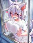  1girl absurdres against_glass ahoge animal_ears blue_tongue blush breast_press breasts breasts_on_glass bright_pupils colored_tongue condensation covered_nipples english_commentary fang fox_ears fox_girl fox_tail glass_writing hand_on_window heart highres impossible_clothes impossible_shirt indie_virtual_youtuber large_breasts pink_eyes pooky_boo shirt skin_fang slash-ex tail virtual_youtuber white_hair white_pupils white_shirt window window_fog 