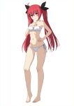  1girl absurdres barefoot bikini black_bow bow breasts cleavage closed_mouth collarbone date_a_live ecjhonny89 full_body groin hair_between_eyes hair_bow hand_on_own_hip highres itsuka_kotori long_hair navel red_eyes red_hair side-tie_bikini_bottom simple_background small_breasts smile solo standing strapless strapless_bikini swimsuit twintails very_long_hair white_background white_bikini 