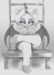  2023 anthro bat big_breasts boots breasts cleavage clothed clothing cuff_(restraint) digital_drawing_(artwork) digital_media_(artwork) elmer_galarga eyelashes eyeshadow female footwear greyscale handcuffs hi_res makeup mammal metal_cuffs monochrome restraints rouge_the_bat sega sitting smile solo sonic_the_hedgehog_(series) wings 