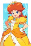  1girl blue_eyes breasts brown_hair crown dress earrings flipped_hair flower_brooch flower_earrings frilled_gloves frills gloves hands_on_own_hips jewelry mario_(series) medium_breasts medium_hair om_(nk2007) orange_dress parted_bangs princess princess_daisy puffy_short_sleeves puffy_sleeves short_sleeves solo super_smash_bros. yellow_dress 