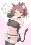  1girl alternate_costume animal_ears animal_hands bell bikini black_gloves black_thighhighs brown_eyes brown_hair cat_ears cat_tail elbow_gloves flat_chest frilled_bikini frills gloves highres jingle_bell kantai_collection looking_at_viewer medium_hair one-hour_drawing_challenge paw_gloves ponytail shikinami_(kancolle) shizuna_kaede solo swimsuit tail thighhighs 