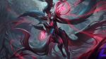  1girl arm_up black_hair claws coven_janna feathered_wings fingernails foot_out_of_frame glowing glowing_eyes highres janna_(league_of_legends) league_of_legends legends_of_runeterra long_hair magic multicolored_hair official_alternate_costume official_art one-eyed red_hair sharp_fingernails solo two-tone_hair wings 