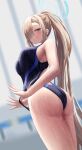  1girl ass asuna_(blue_archive) asymmetrical_bangs bare_shoulders blue_archive blue_eyes breasts competition_swimsuit grin hair_over_one_eye halo highleg highleg_swimsuit highres large_breasts light_brown_hair long_bangs long_hair looking_at_viewer one-piece_swimsuit ponytail silver_bullet_(ecc12_8) smile solo swimsuit thighs wet 