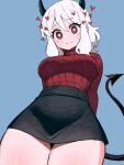  1girl arms_behind_back black_horns black_skirt blue_background blush breasts confused demon demon_girl demon_horns demon_tail from_below heart heart-shaped_pupils helltaker highres horns looking_at_viewer looking_down modeus_(helltaker) red_sweater skirt sweater symbol-shaped_pupils tail thighs white_hair zeon_(zzeeonn) 