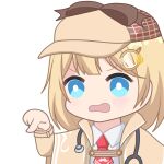  1girl blonde_hair blue_eyes bow bright_pupils brown_headwear chibi coat collared_shirt deerstalker hair_ornament hat hat_bow hololive hololive_english monocle_hair_ornament multicolored_clothes multicolored_headwear necktie open_mouth pointing red_necktie shirt short_hair short_necktie solo stethoscope upper_body virtual_youtuber watson_amelia watson_amelia_(1st_costume) white_pupils white_shirt yellow_coat zephylyne 