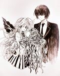  1boy 2girls angel_wings aya_carmine body_horror braid collared_shirt cropped_torso crossover expressionless flower_wings for_elise_-_elise_no_tame_ni formal greyscale hair_between_eyes highres hitomi_hirosuke_(sayonara_wo_oshiete) holding_another&#039;s_head leaf_wings long_hair looking_at_viewer millipen_(medium) mismatched_wings monochrome multiple_girls neck_ribbon necktie open_mouth plant_wings pleated_skirt ribbon sayonara_wo_oshiete school_uniform severed_head shirt side_braids simple_background skirt smile sugamo_mutsuki suit traditional_media very_long_hair vest wavy_hair wings 